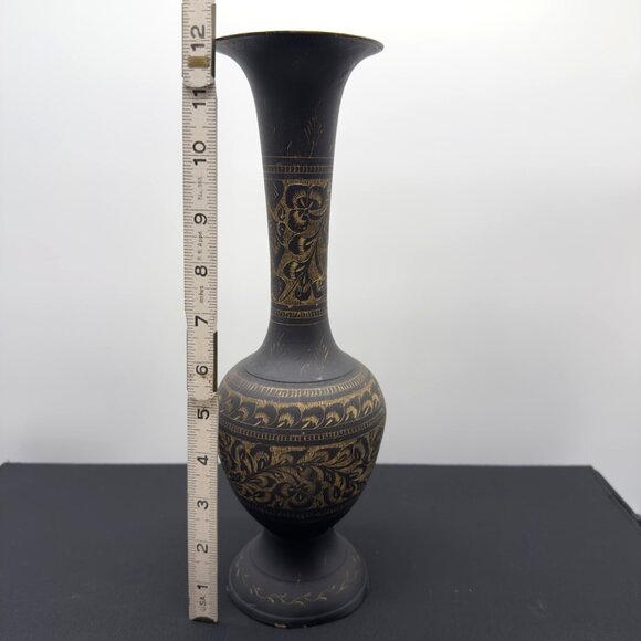 Vintage Handcrafted Brass Vase With Intricate Gold Floral Etching Design - Picture 8 of 11